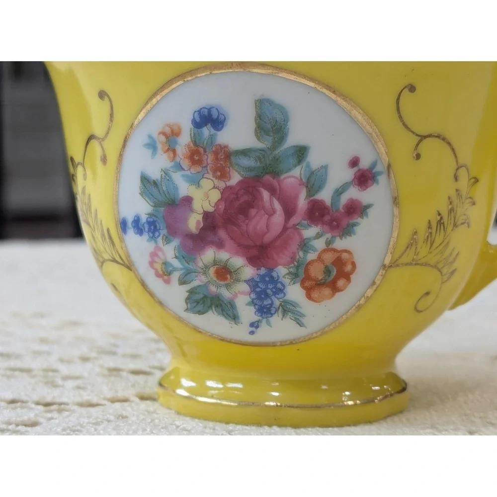 Vintage Tea Cup and Saucer Set OS Yellow Floral Gold Gilt Japan Porcelain